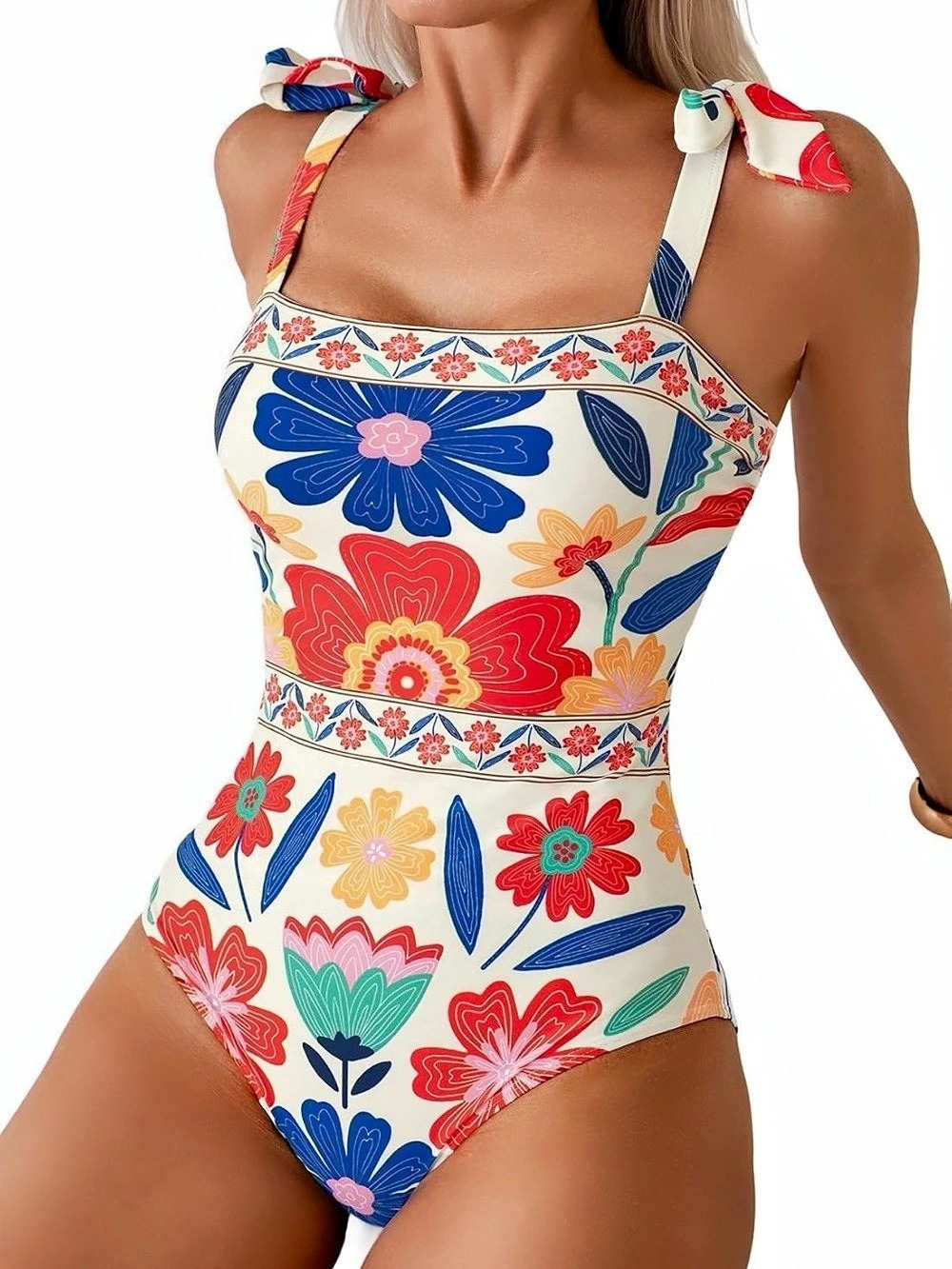 NW0T Women’s Floral Shoulder Tie-Strap One-Piece Floral Swimsuit Size Large